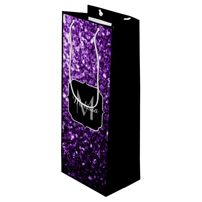 Dark Purple faux shiny glitter sparkles Monogram Wine Gift Bag (Front Angled)
