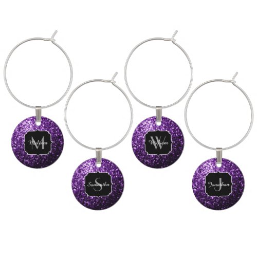 Dark Purple faux shiny glitter sparkles Monogram Wine Glass Charm