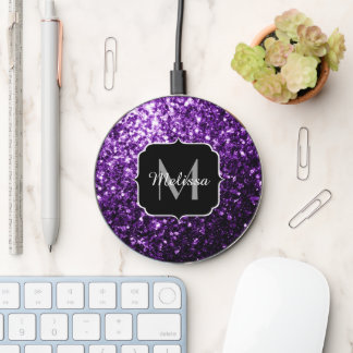 Dark purple faux shiny glitter sparkles Monogram Wireless Charger