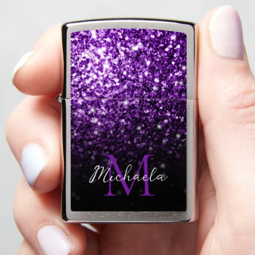 Dark purple faux shiny glitter sparkles Monogram Zippo Lighter