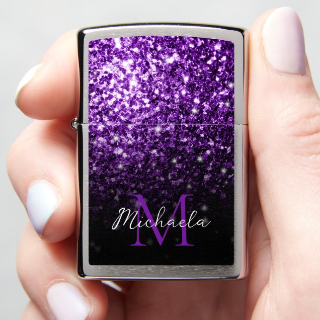 Dark purple faux shiny glitter sparkles Monogram Zippo Lighter (In Hand)