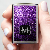 Dark Purple faux shiny glitter sparkles Monogram Zippo Lighter