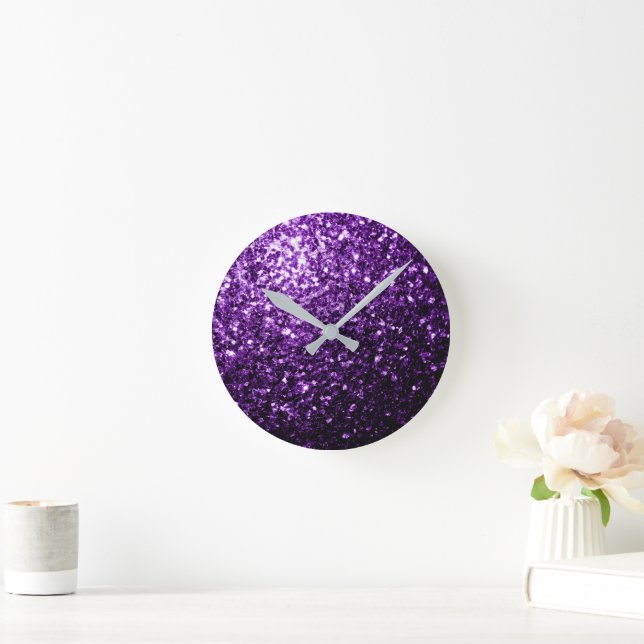 Dark Purple faux shiny glitter sparkles Round Clock (Home)