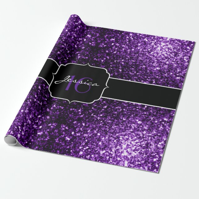 Dark Purple faux shiny glitter sparkles Sweet 16 Wrapping Paper (Unrolled)