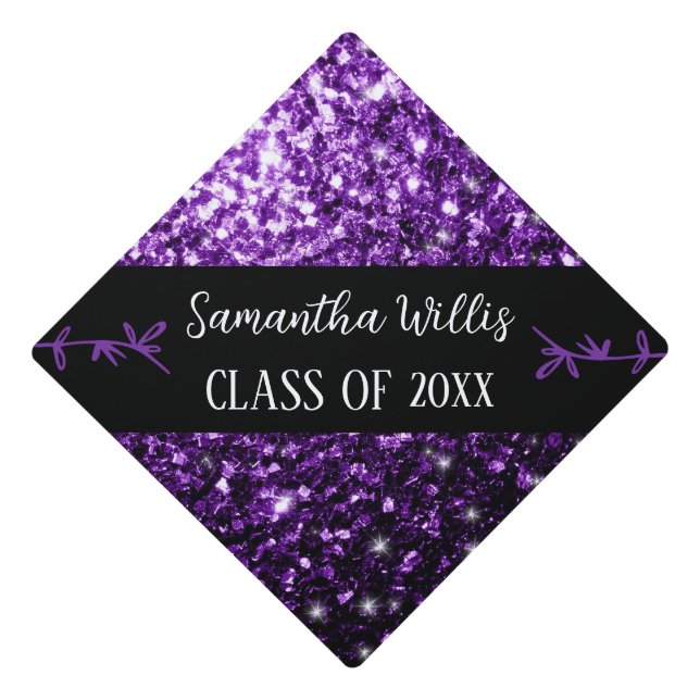 Dark purple faux sparkles Custom name Class Graduation Cap Topper (Front)