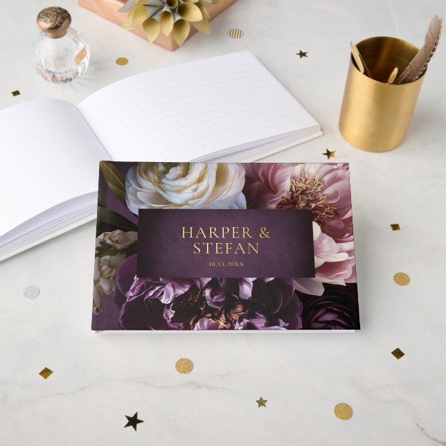Dark Purple Fine Art Floral Elegant Wedding Foil Guest Book (Front Open)