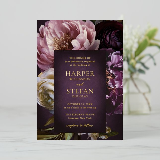 Dark Purple Fine Art Floral Elegant Wedding Foil Invitation (Standing Front)