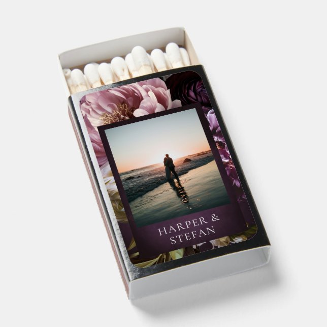 Dark Purple Fine Art Floral Elegant Wedding Matchboxes (Front Open)