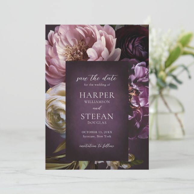 Dark Purple Fine Art Floral Elegant Wedding Save The Date (Standing Front)