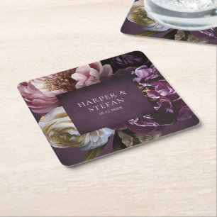Dark Purple Fine Art Floral Elegant Wedding Square Paper Coaster
