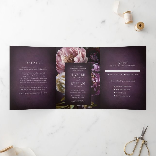Dark Purple Fine Art Floral Elegant Wedding Tri-Fold Invitation (Inside)