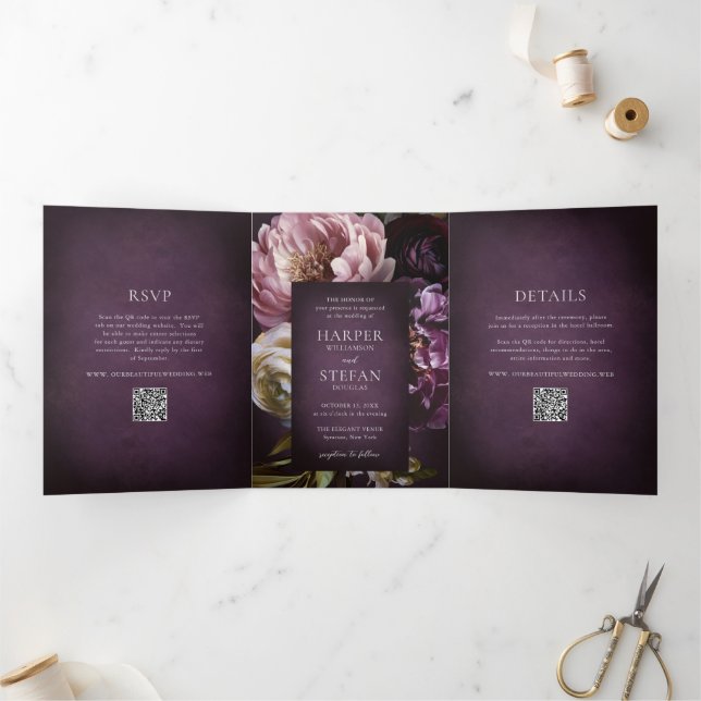 Dark Purple Fine Art Floral Elegant Wedding Tri-Fold Invitation (Inside)