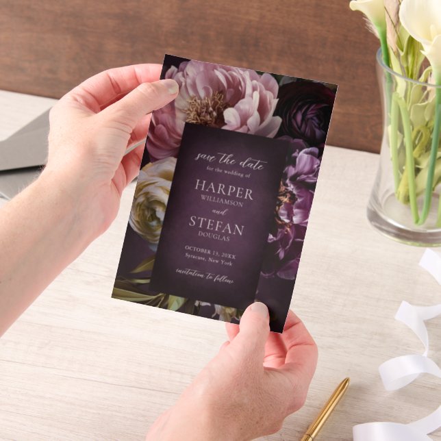 Dark Purple Fine Art Floral Wedding Save the Date Vellum Invitations (Handheld)