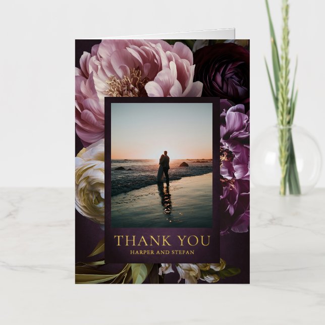 Dark Purple Fine Art Floral Wedding Thank You Foil Greeting Card (Front)