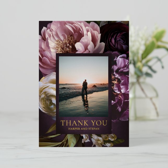 Dark Purple Fine Art Floral Wedding Thank You Foil Invitation (Standing Front)