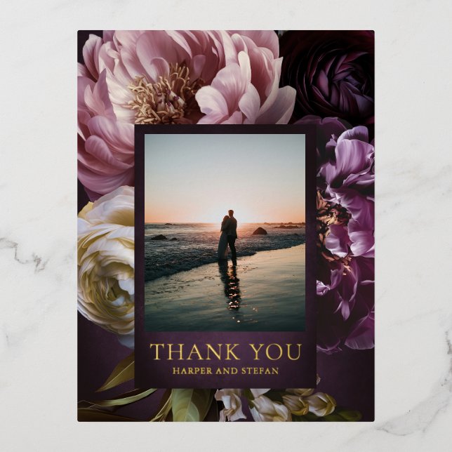 Dark Purple Fine Art Floral Wedding Thank You Foil Invitation Postcard (Front)