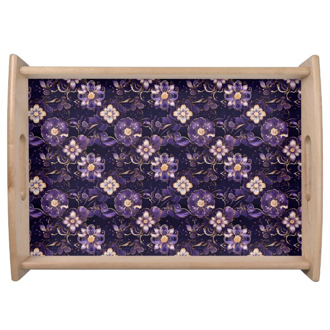 Dark Purple Floral and Faux Gold Serving Tray (Front)