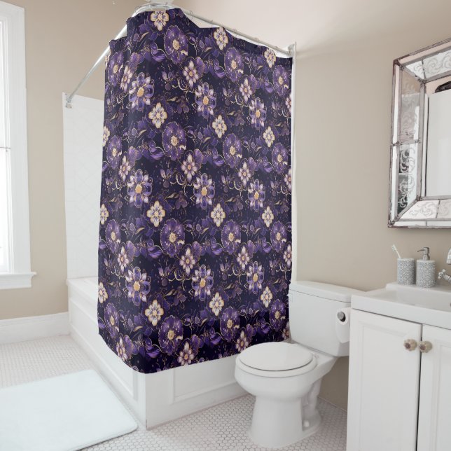 Dark Purple Floral and Faux Gold Shower Curtain (In Situ)