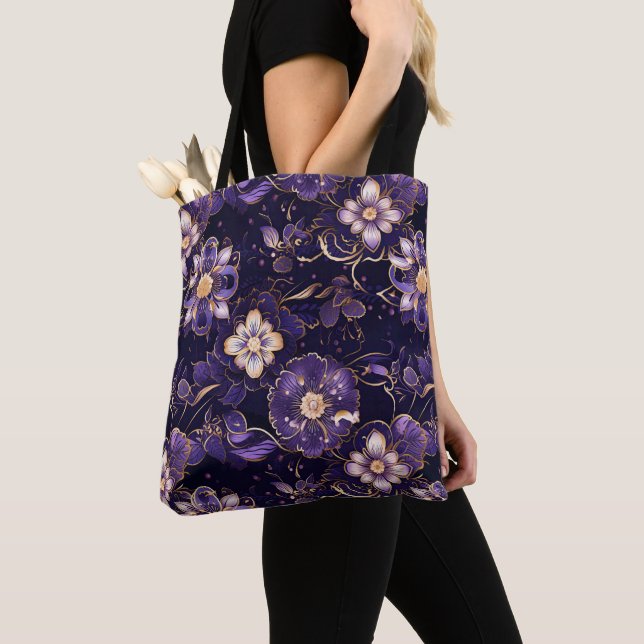 Dark Purple Floral and Faux Gold Tote Bag (Close Up)