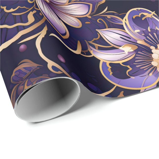Dark Purple Floral and Faux Gold Wrapping Paper (Roll Corner)