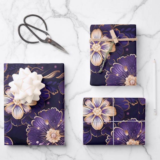 Dark Purple Floral and Faux Gold Wrapping Paper Sheets (Front)