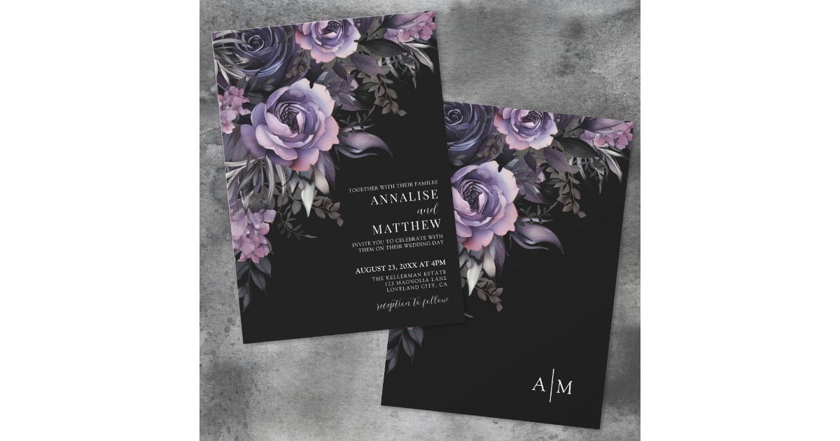 Dark Purple Floral Black Wedding Invitation | Zazzle