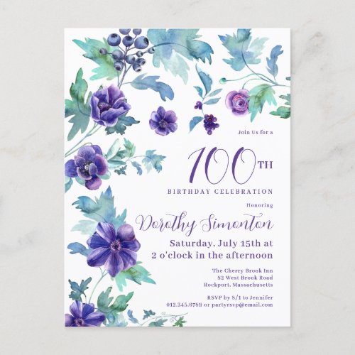 Dark Purple Floral  Botanical 100th Birthday Party Postcard