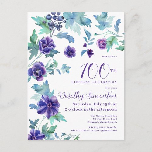Dark Purple Floral  Botanical 100th Birthday Party