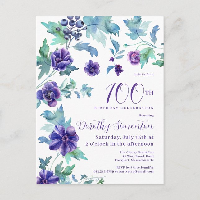 Dark Purple Floral  Botanical 100th Birthday Party Postcard (Front)