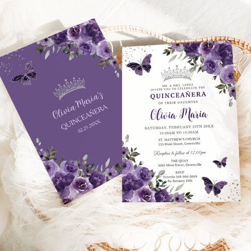 Dark Purple Floral Butterflies Silver Quinceaera Invitation