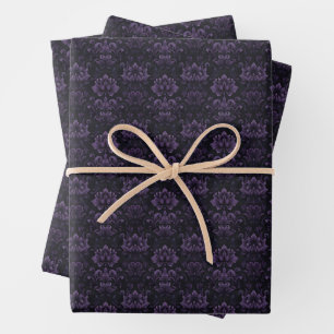 Dark Purple Floral Damas on Black Wrapping Paper Sheets