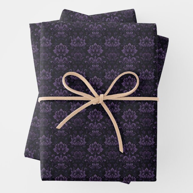 Dark Purple Floral Damas on Black Wrapping Paper Sheets (In situ)