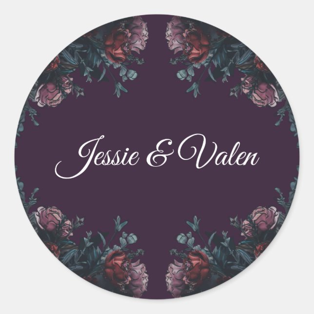 Dark Purple Floral Elegant Wedding Maroon Mauve Classic Round Sticker (Front)