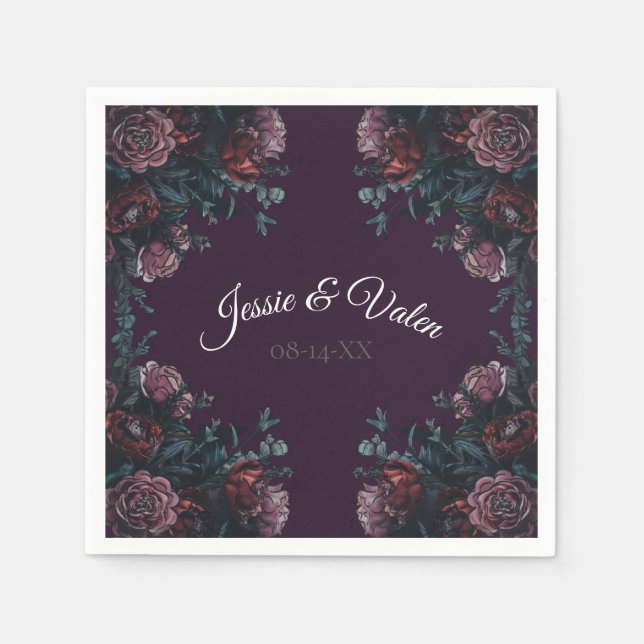 Dark Purple Floral Elegant Wedding Maroon Mauve Napkins (Front)