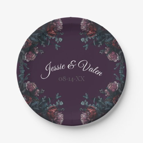 Dark Purple Floral Elegant Wedding Maroon Mauve Paper Plates