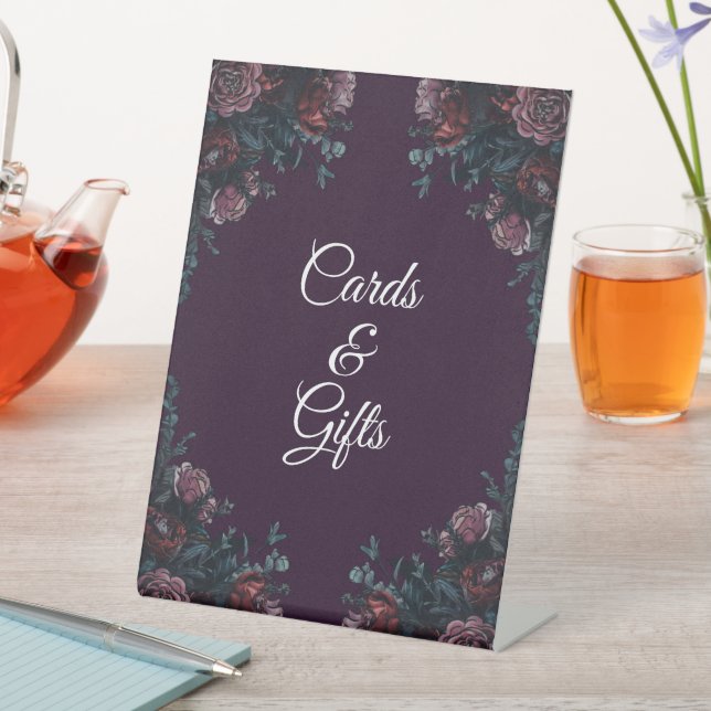 Dark Purple Floral Elegant Wedding Maroon Mauve Pedestal Sign (In SItu)