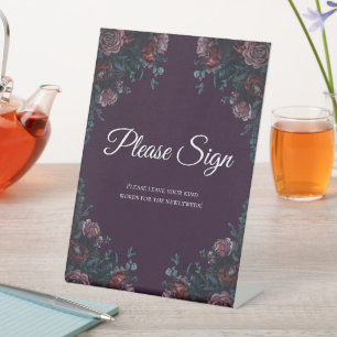 Dark Purple Floral Elegant Wedding Maroon Mauve Pedestal Sign