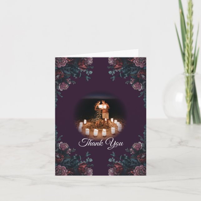 Dark Purple Floral Elegant Wedding Maroon Mauve Thank You Card (Front)