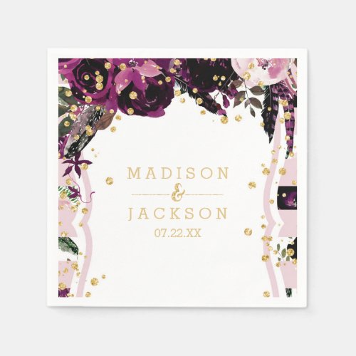 Dark Purple Floral Gold Confetti Monogram Wedding Paper Napkins