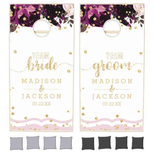 Dark Purple Floral Gold Confetti Team Bride Groom Cornhole Set