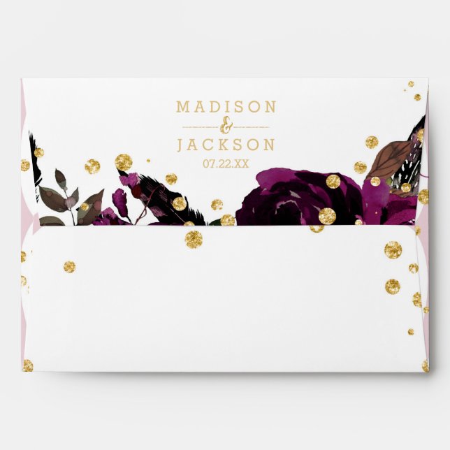 Dark Purple Floral Gold Confetti Wedding Monogram Envelope (Back (Top Flap))