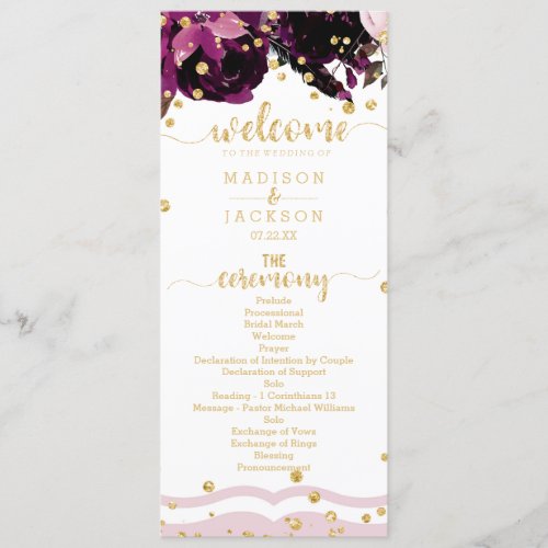 Dark Purple Floral Gold Confetti Wedding Program