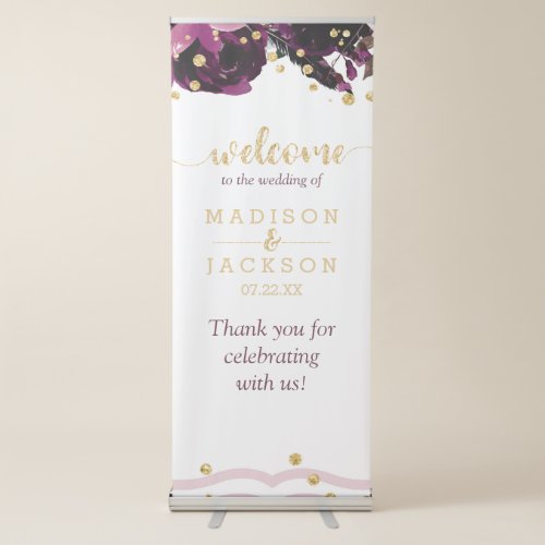 Dark Purple Floral Gold Confetti Wedding Welcome Retractable Banner