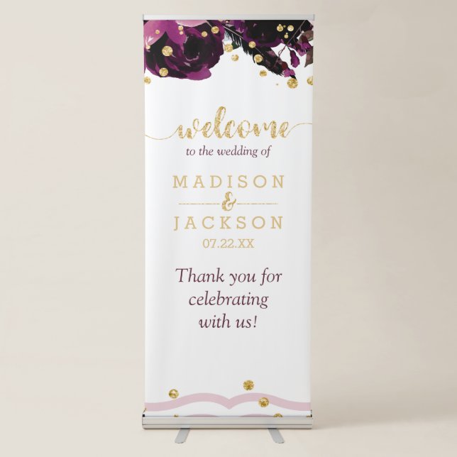 Dark Purple Floral Gold Confetti Wedding Welcome Retractable Banner (Front)