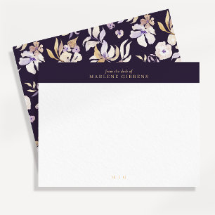 Dark purple floral gold monogram note card