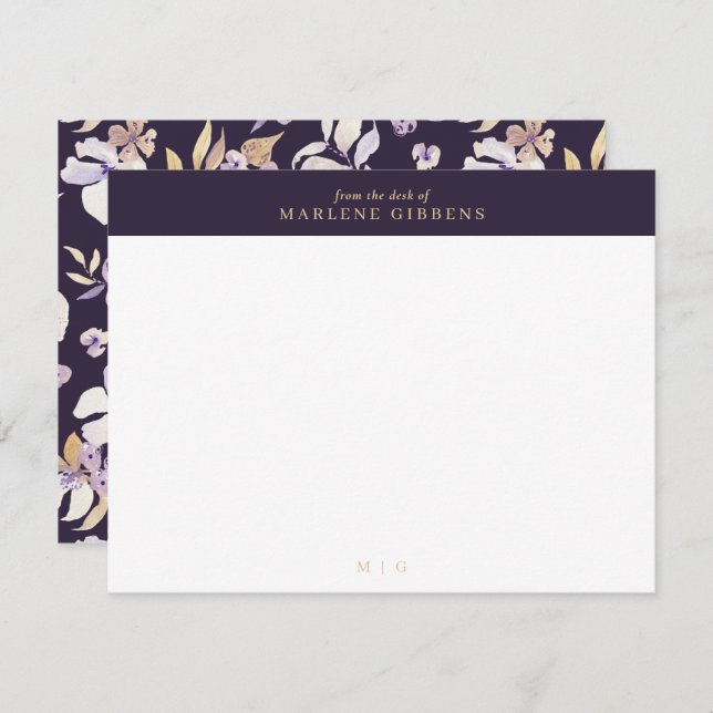 Dark purple floral gold monogram note card (Front/Back)