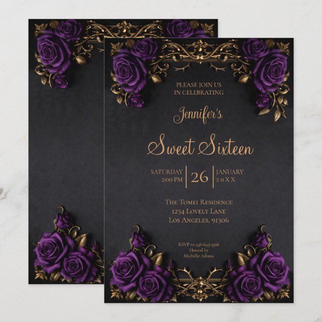 Dark Purple floral Gothic Sweet 16 Invitation (Front/Back)