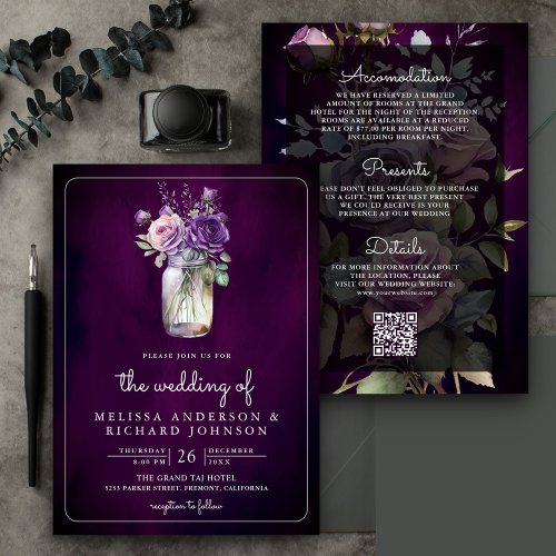 Dark Purple Floral Mason Jar QR Code Moody Wedding Invitation