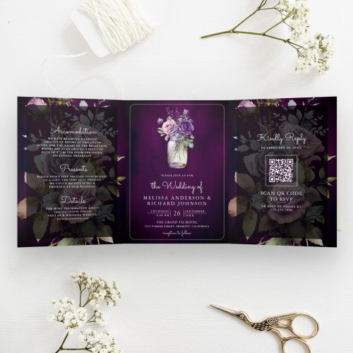 Dark Purple Floral Mason Jar QR Code Moody Wedding Tri_Fold Invitation