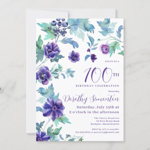 Dark Purple Floral Photo 100th Birthday Party Invitation